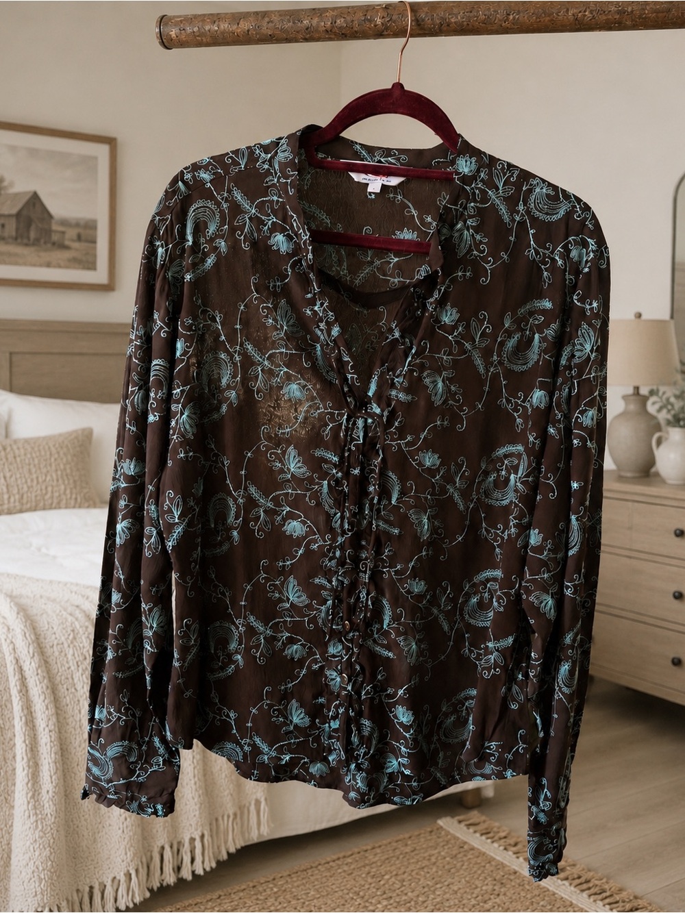 ROPER Embroidered Western Ruffle Blouse/Brown Turquoise Cowgirl Boho - Picture 6 of 6